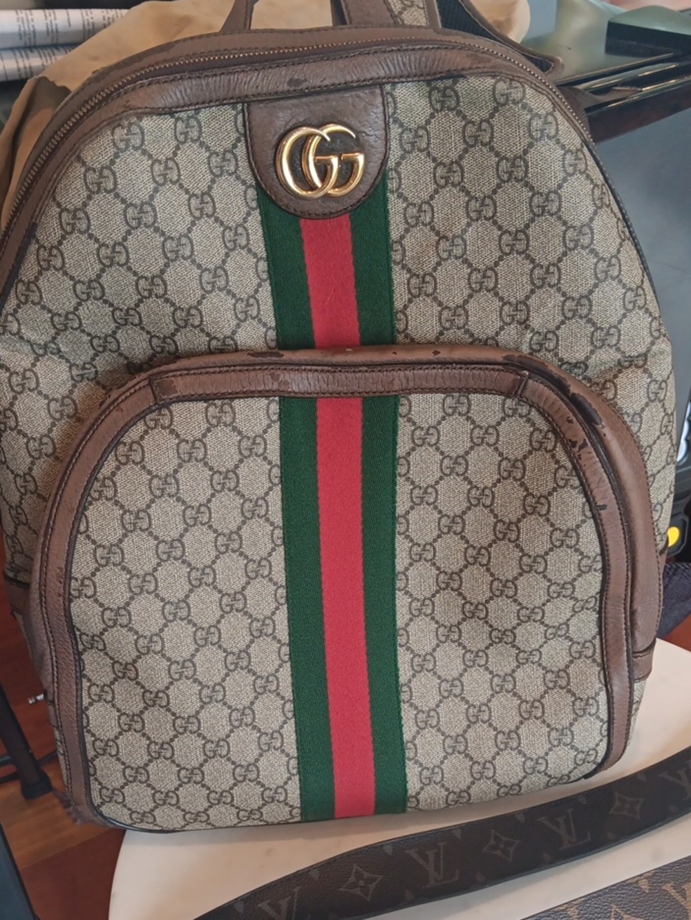 Gucci Beige Monogram Backpack with Green and Red Web Stripe